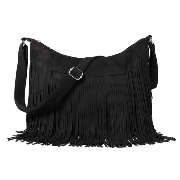 Bolso estilo hobo Sunwel Fashion con flecos de gamuza vegana para mujer, negro