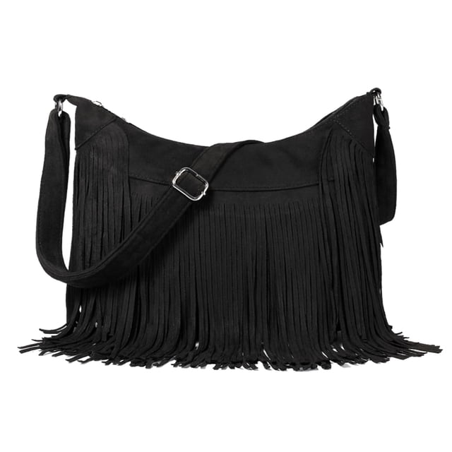 Bolso estilo hobo Sunwel Fashion con flecos de gamuza vegana para mujer, negro
