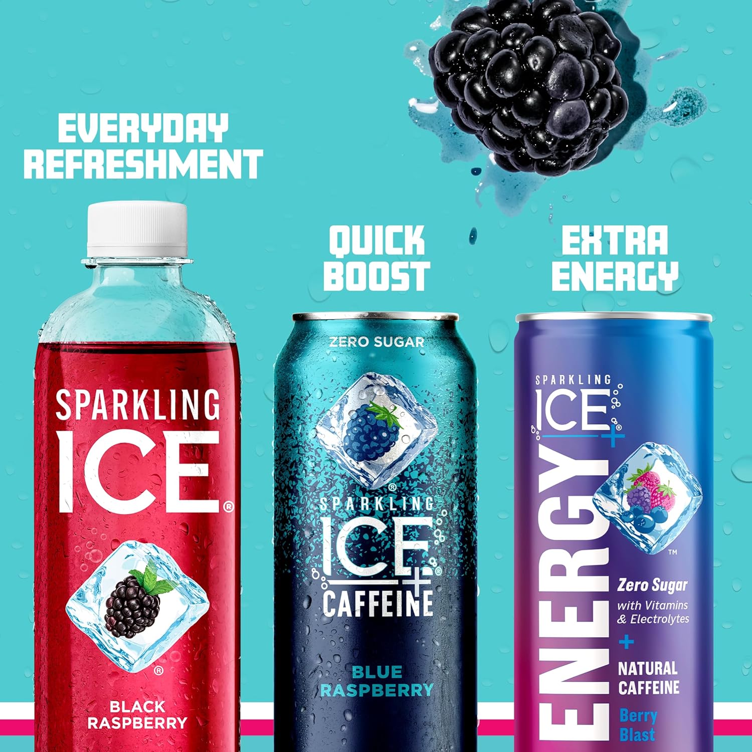 Sparkling Ice +Caffeine Variety Pack, Flavored Sparkling Water, Zero Sugar, with Vitamins and Antioxidants, 16 fl oz, 12 count (Citrus Twist, Black Raspberry, Blue Raspberry, Strawberry Citrus)