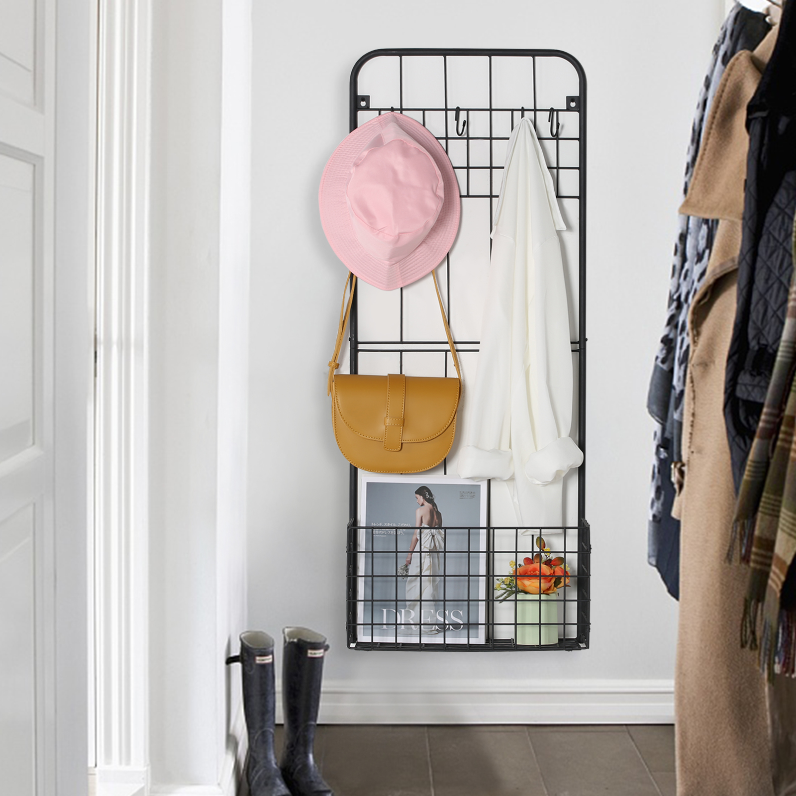 VECELO Wall Coat Rack with Basket & Hooks, Multifunctional Metal Storage Shelf, Easy Assembly