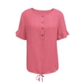 thumbnail image 6 of ClodeEU Women's Crew Neck Short Sleeve Henley Blouse,Casual Solid Color Linen Blend Top Hot Pink,Women's Plus L, 6 of 8