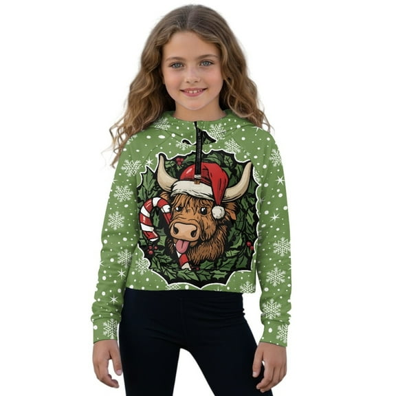 Xixirimido Highland Cow Green Snowflake Pattern Kids Hoodies for Girls Half Zip Hoodie Sweatshirt 3D Graphic Long Sleeve Pullover Crop Tops with Pocket for Fall Winter Size 9-10