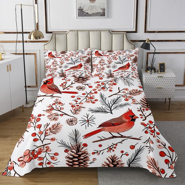 Ensemble de Courtepointe Cardinal Feuilles d'Automne Fruits, Ensemble de Couvre-Lit Branches de Pin Lit Simple, Décorations de Noël Matelassées Faune Mignonne