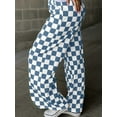 thumbnail image 3 of Women Casual Checkered Pants Elastic Waist Comfy Loose Wide Leg Pants with Pockets Sea Blue S, 3 of 5