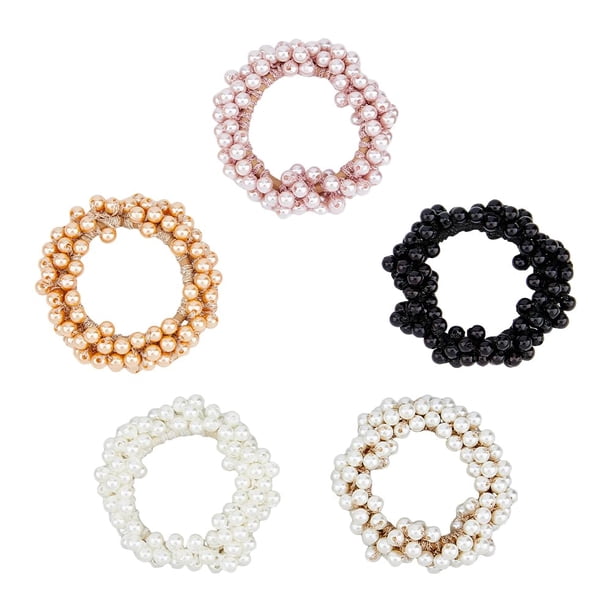 5 bandas elásticas de fibra para el cabello en 5 colores, con perlas de imitación, para el cabello, para coleteros, accesorios de moda.
