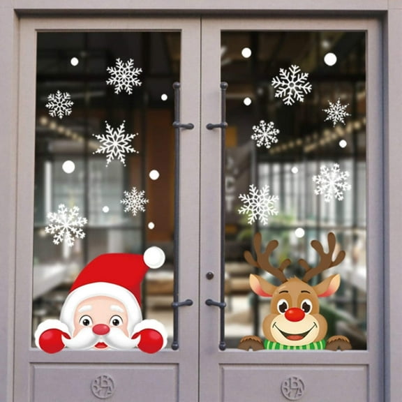 Christmas Window Clings Stickers Set - Removable Santa Claus and Reindeer Elk Decals for Glass Doors, Winter