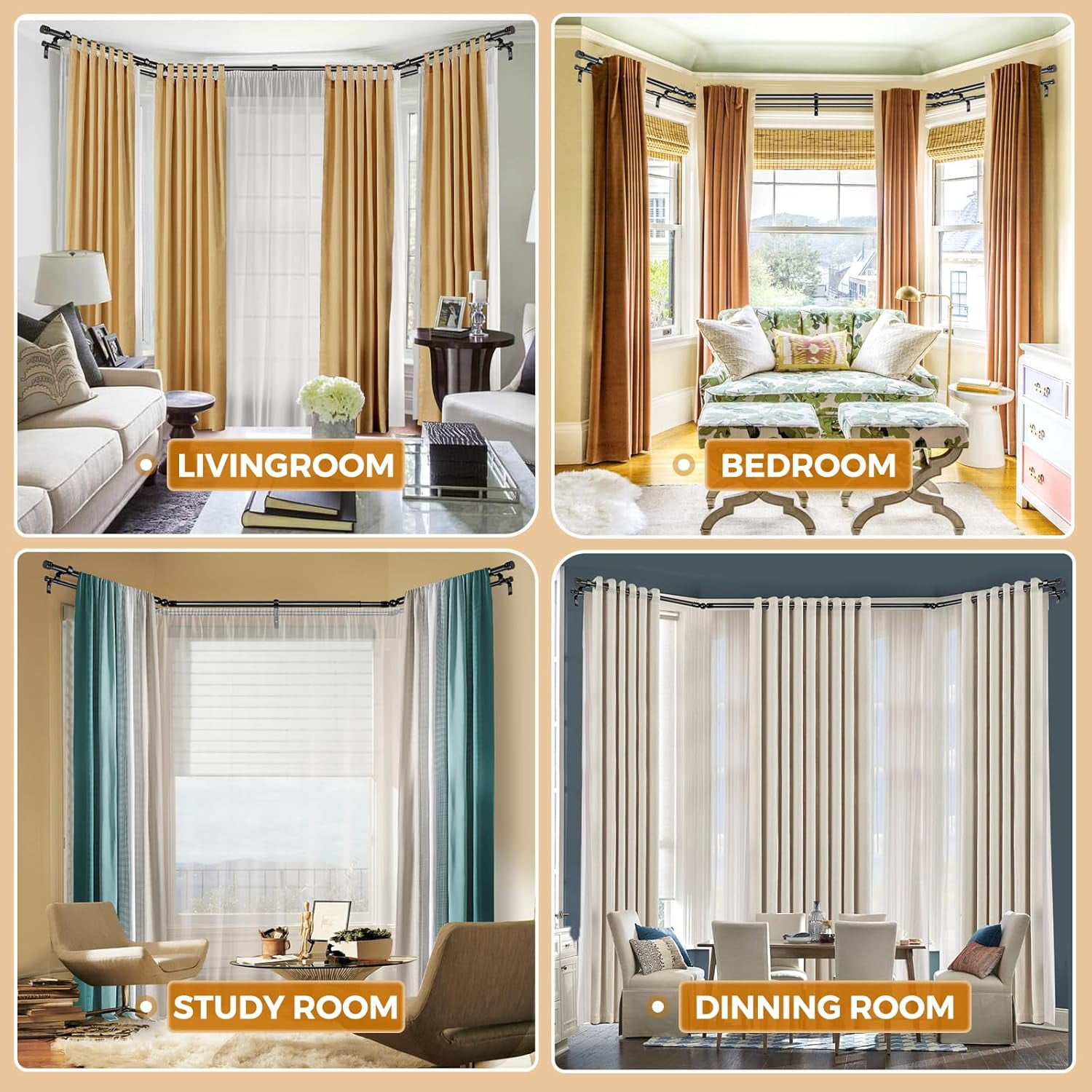 1 Inch Heavy Duty Double Bay Window Curtain Rods,36-72 Inch Center Rod for Window (24 to 68 Inch), 20-36 Inch Side Rods for windows (16-32 Inch), Antique Bronze, End Cap Finials