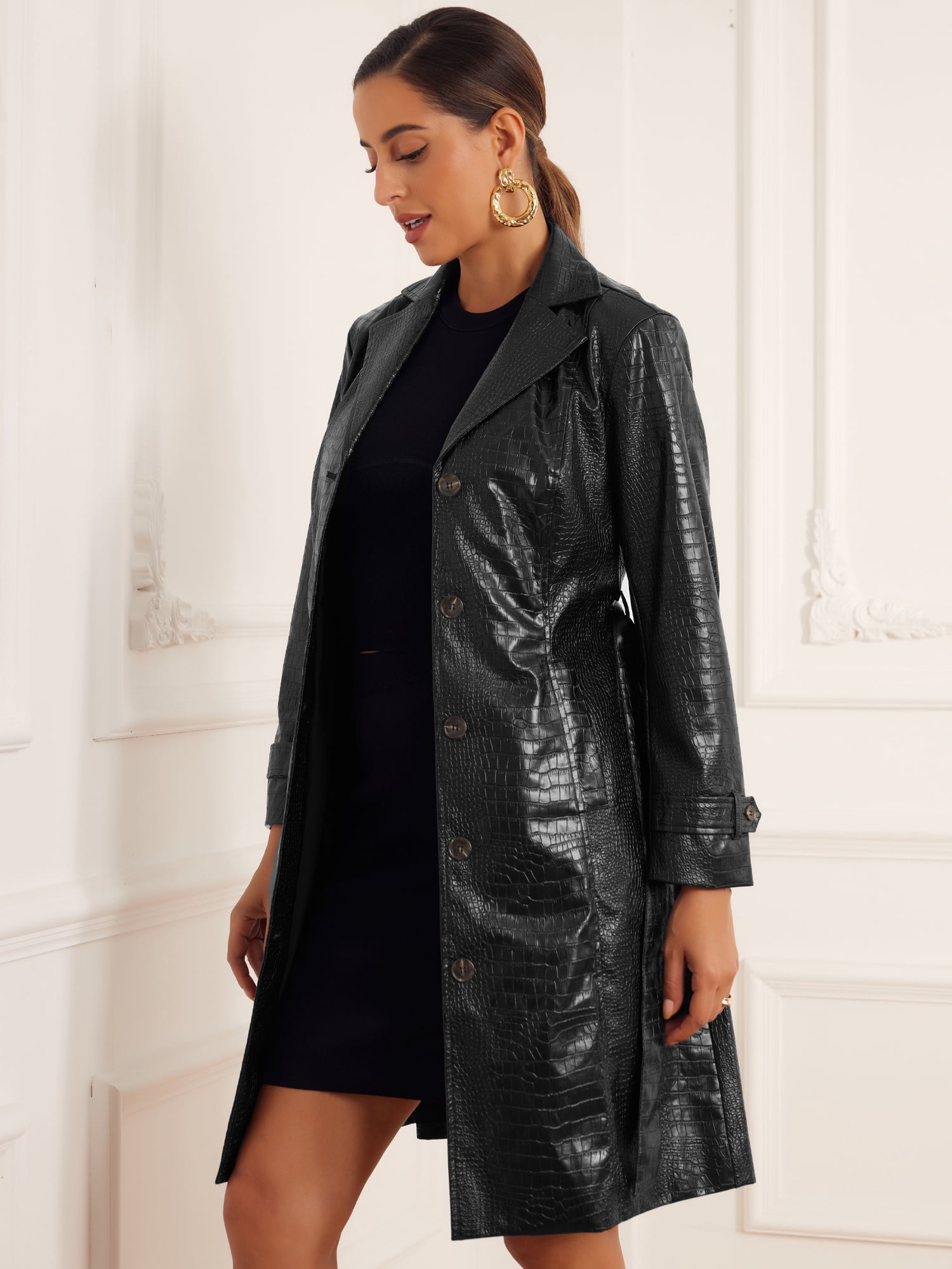 DARING DIVA Women's Pu Leather Long Trench Coat with Belt Casual Jackets L Black