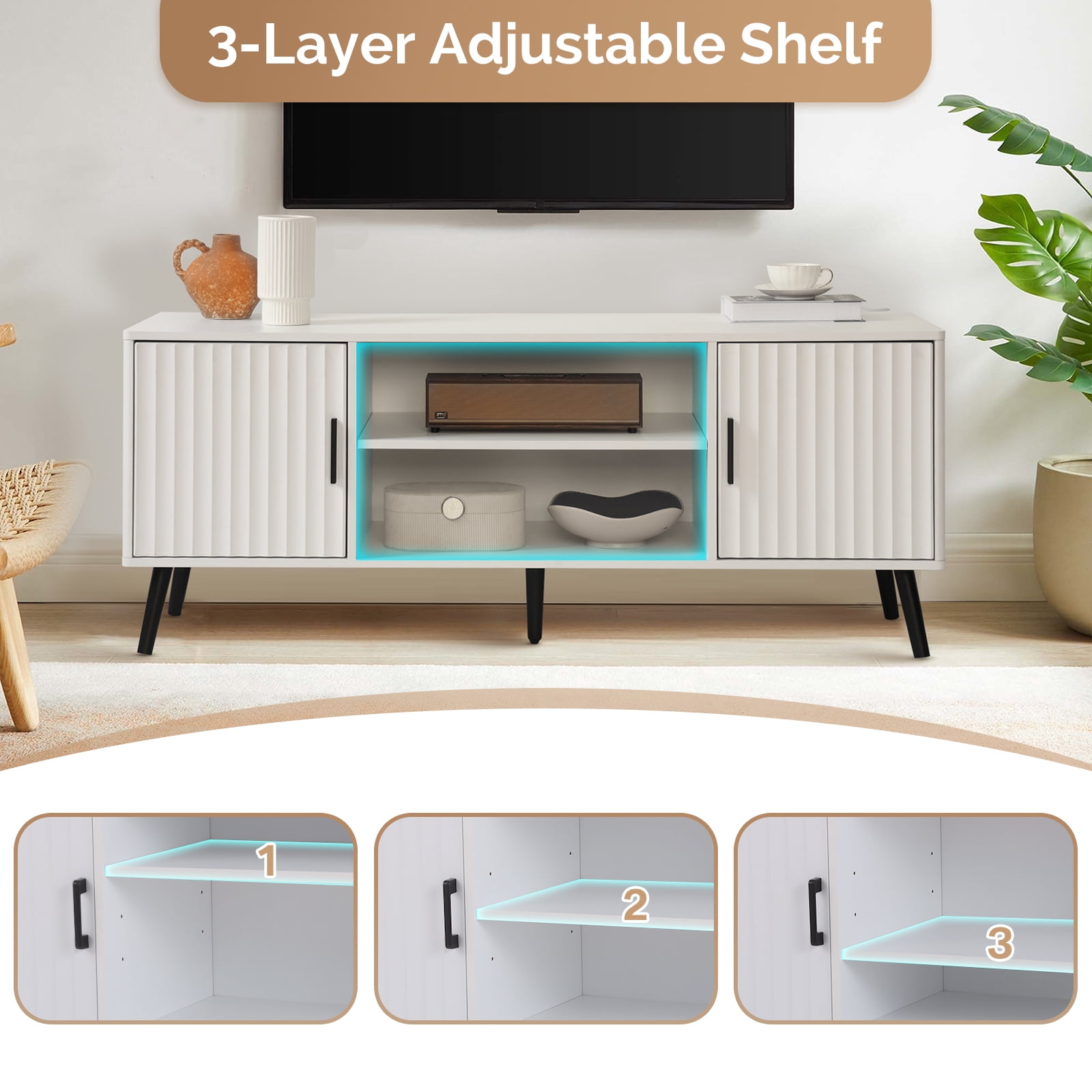 KATHY&BOB Modern TV Stand for 55-65 Inch TV, Media TV Console Table with 2 Storage Cabinets and Adjustable Shelf, Wood Feet, White