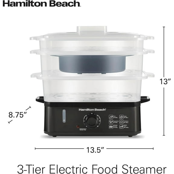 Electric Food Steamer, Rice Cooker & Egg Boiler for Quick, Fast Healthy Cooking with Stackable Three-Tier Bowls for Vegetables and Seafood, 9.5 Quarts, Auto Shutoff, Black