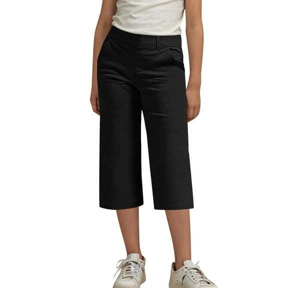 ZACPNCV Girls Capri Uniform Pants Kids Elastic Waist School Dress Cropped Pants High Stretchy Casual Pants with Pockets Black 10-11 Years