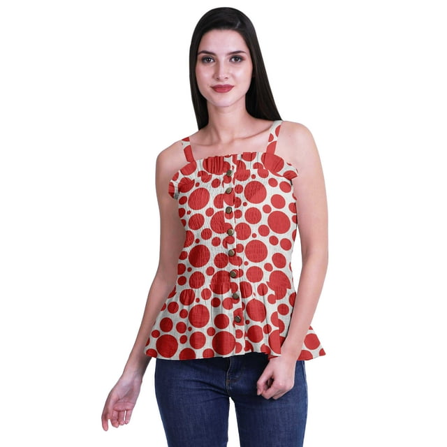 Moomaya Women Frill Smoked Crop Tank Top Cotton Slub Full Buttoned Closure Top