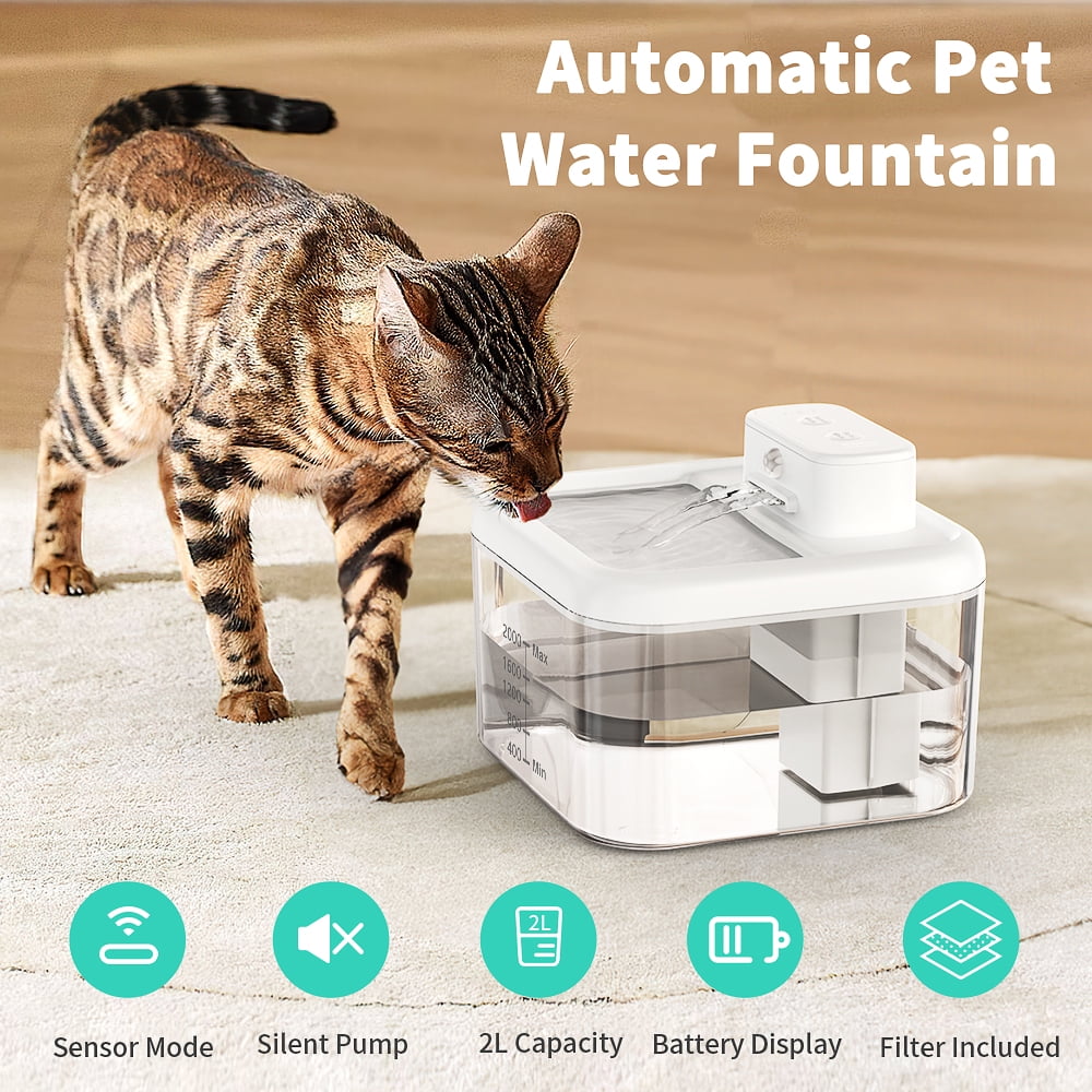 MASBRILL Wireless Cat Water Fountain 60oz/2L Automatic Water Dispenser For Pets Battery Operated Infrared Induction Cat Fountain,Ultra Quiet Pet Drinking Fountain BPA-Free,White
