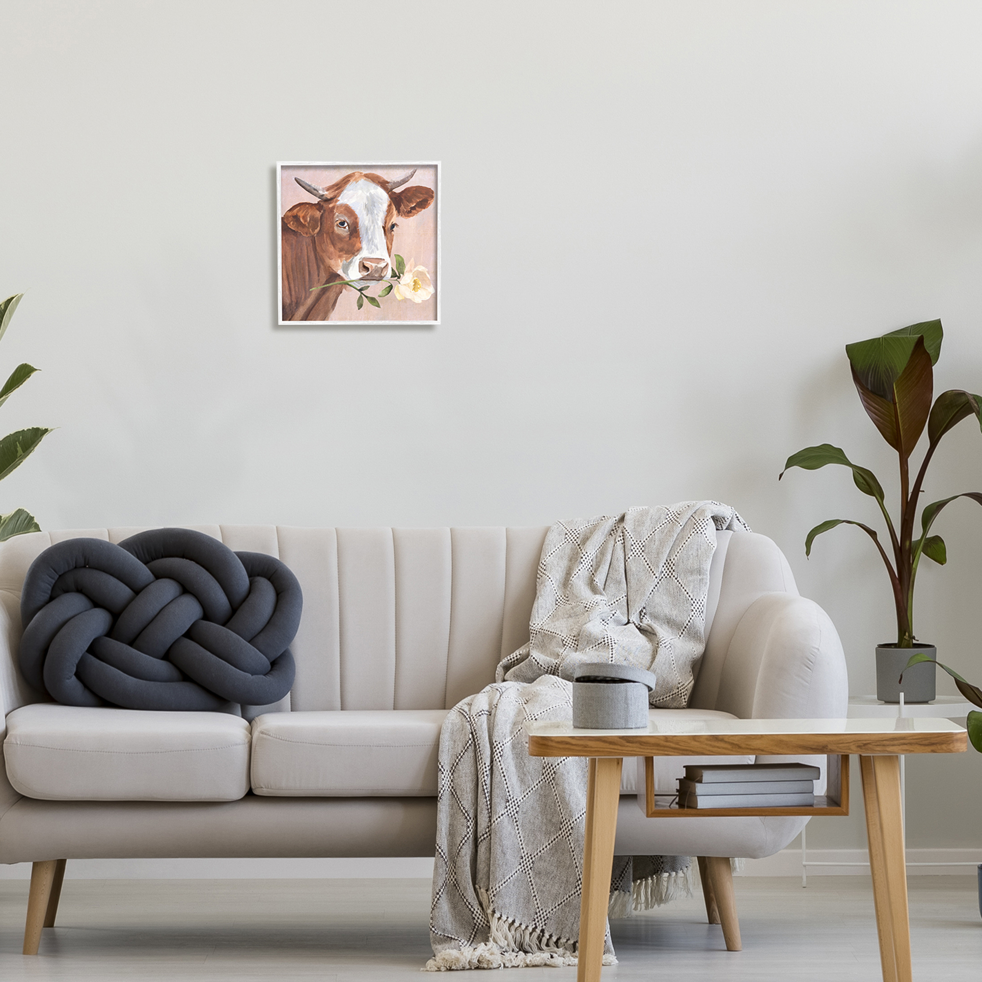 Stupell Industries Cow & Rose Blossom Animals & Insects Painting White Framed Art Print Wall Art, 12 x 12