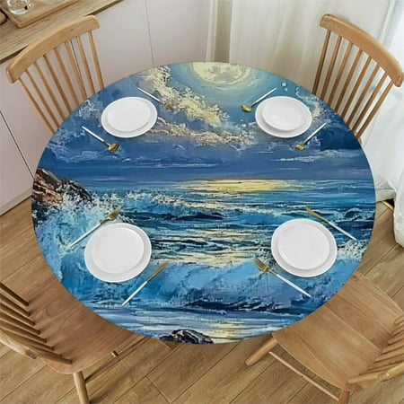 

PALNKART Rocky Beach Full Moon Round Tablecloth Stain-Resistant Washable for Indoor and Outdoor Use Ideal for Dining Parties and Picnics 46 -50