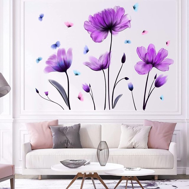 Pegatinas de pared de flores moradas, pegatinas de pared para dormitorio, mariposas, tulipanes, pegatinas de pared autoadhesivas extraíbles, murales para sala de estar, pasillo