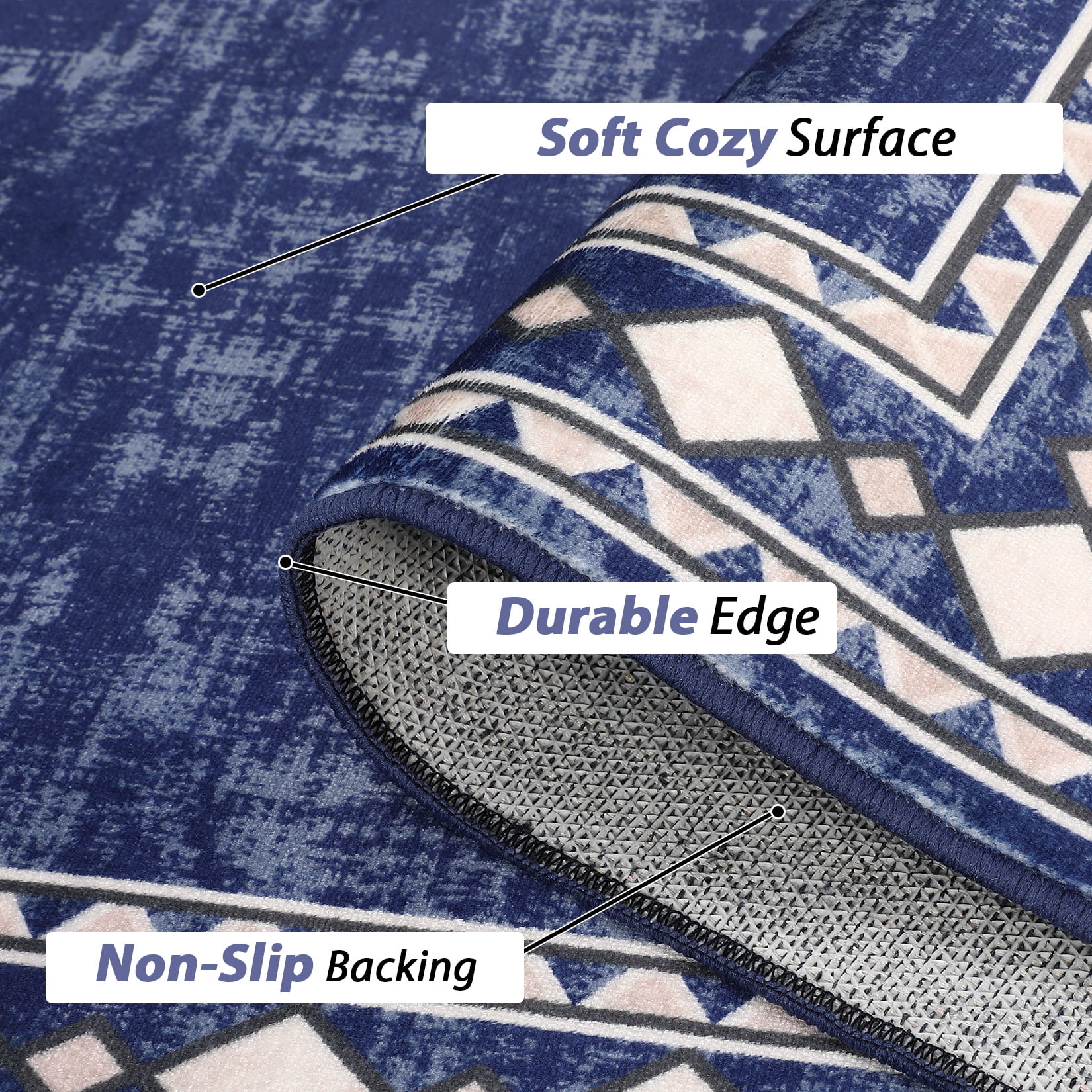 Hasoo Area Rug 5' x 7' Washable Bordered Rug for Living Room Non-Slip Accent Indoor Neutral Carpet Navy