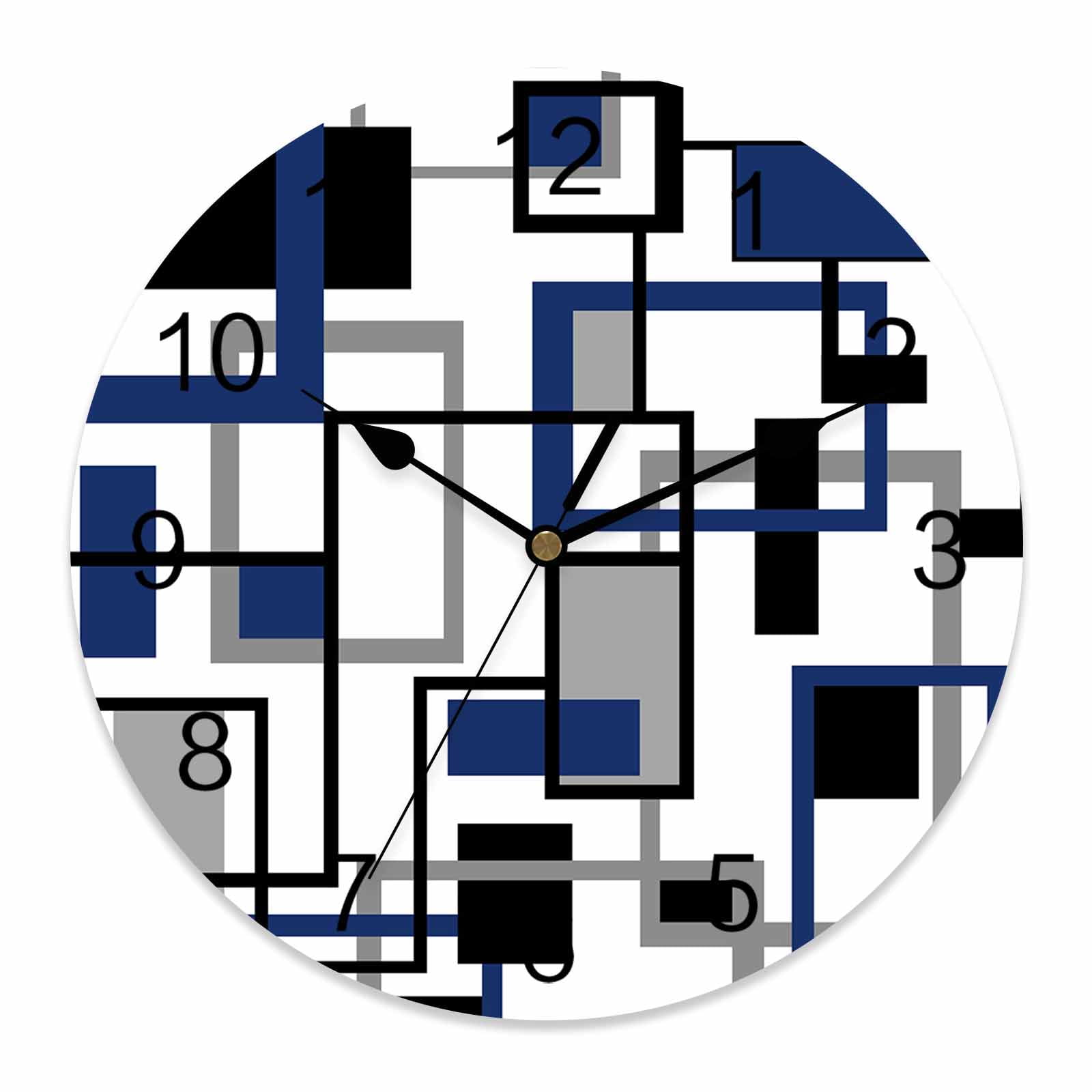 Wall Clock Modern Geometric Abstract Clocks PVC Silent Non-Ticking Battery Operated Decorative Mid Century Blue Round Clock for Home Living Room Kitchen Bedroom Office School Wall Decor 14 Inch