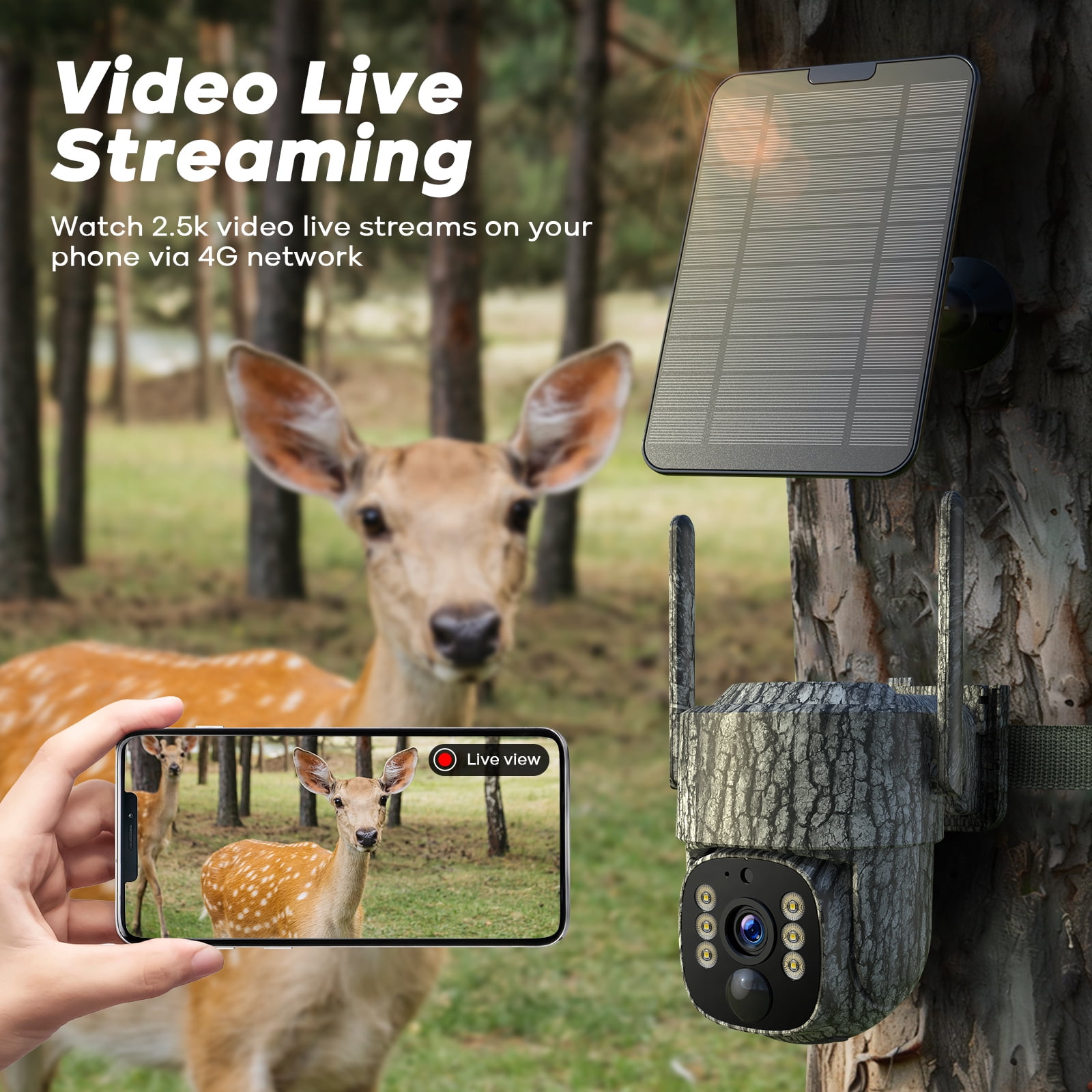 CAMPARK 4G LTE Cellular Solar Trail Camera with SIM&64G SD Card, Solar Powered 2.5K HD Game Wildlife Hunting Cameras Pan 360° Full View App Adjustment Night Vision Motion Activated