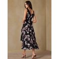 thumbnail image 6 of Black Floral Print V-Neck Sleeveless Ruffle Hem Maxi Dress, Lightweight Chiffon, Slimming Waist, Elegant Romantic Style, 6 of 7