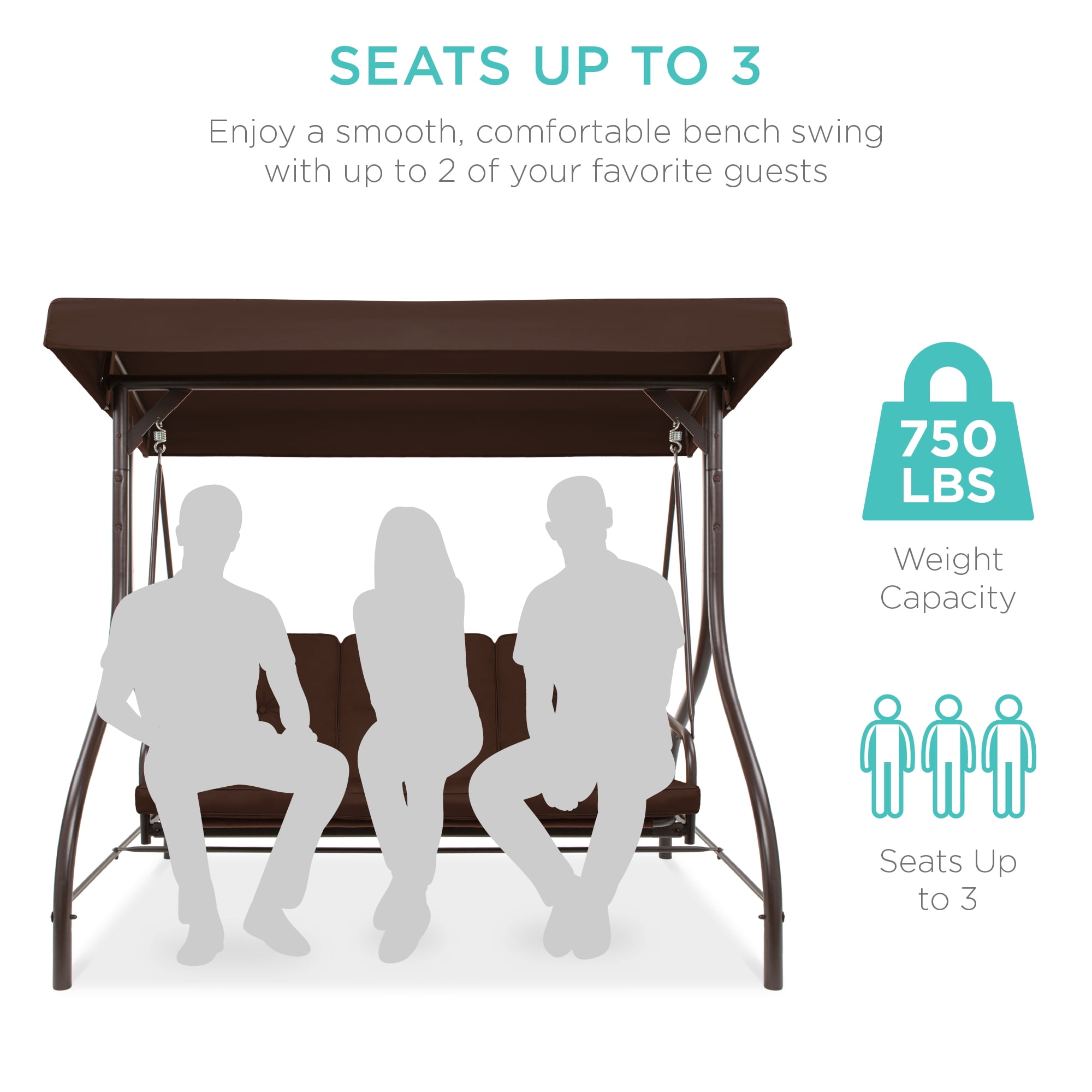 Best Choice Products 3 Seat Outdoor Patio Swing Glider with Canopy Removable Cushions for Porch Backyard Brown Walmart