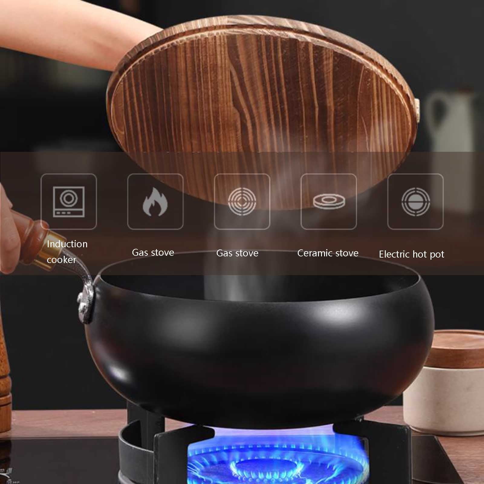 Japanese iron pan, without coating, hand-forged non-stick pans, durable and rust-proof frying pan, with wooden lid for induction, electric and gas stoves