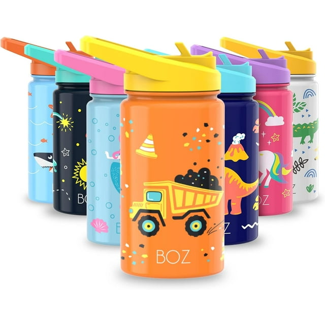 BOZ Kids Insulated Water Bottle with Straw Lid, Stainless Steel Vacuum Double Wall Water Cup, 14 oz (414ml). Scratch-Resistant Cute Print and Carry Handle, BPA-Free and Dishwasher-Safe (Construction)