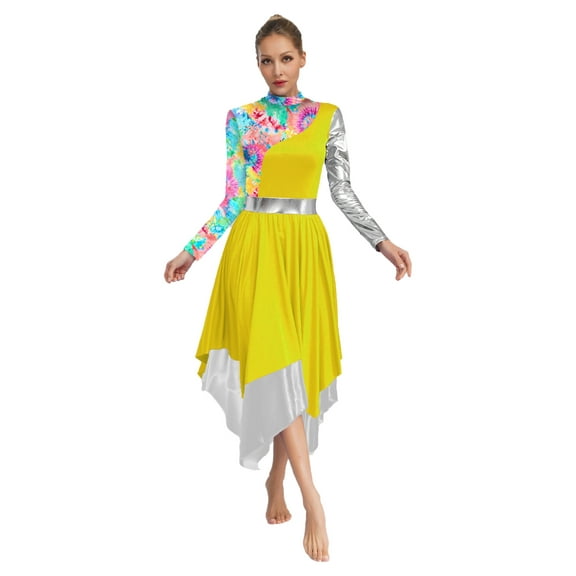 Jowowha Praise Dance Dresses for Women Long Sleeve Color Block Maxi Dress Liturgical Worship Dancewear Yellow L
