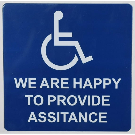 We are Happy to Provide Assistance Sign (White/Blue,Aluminium, 6x6, Double Sided Tape)-The Pour Tous Blue LINE(ref-2022-4)