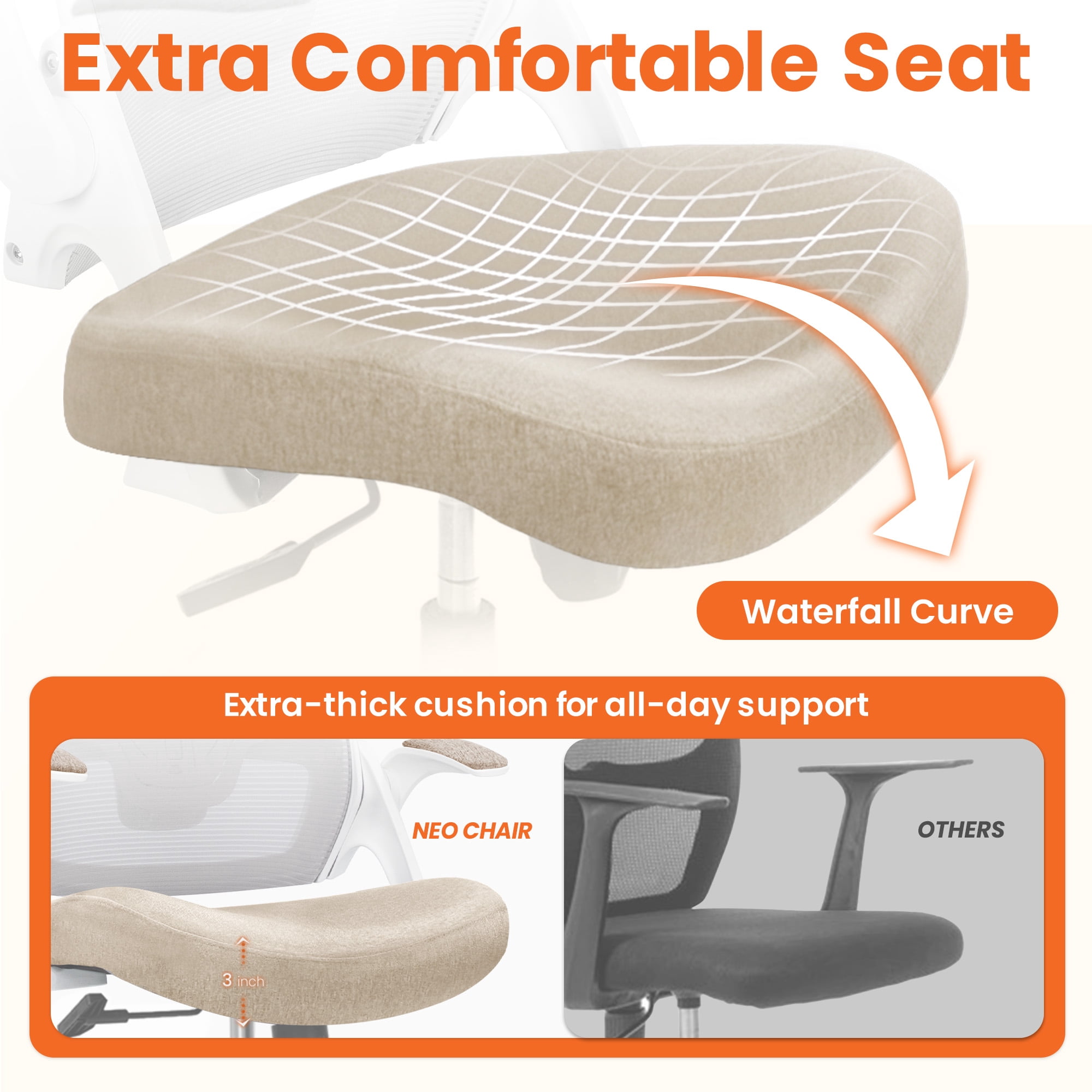 NEO Chair Office Desk Chair Gaming Computer High Back Support Mesh Comfy Seat with Adjustable Ergonomic Headrest Lumbar Rolling Flip-up Armrests and Wheels (Beige)