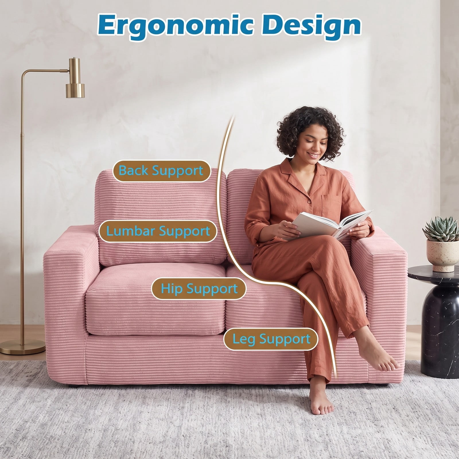 Furnibear 2-Seater Floor Couch Loveseat, Convertible Foam Sofa Lazy Couch with Removable Corduroy Cover, High-Density Sponge Filled Sofa Bed for Living Room, Pink
