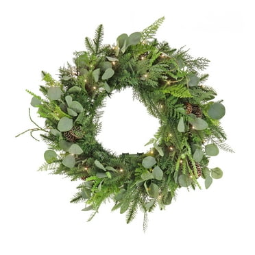 HGTV Home Collection by National Tree Company Pre-Lit Artificial Christmas Wreath, Green, Garden Eucalyptus , Pine Cones, 50 Warm White LED Lights, Battery Operated, Timer, 28 Inch