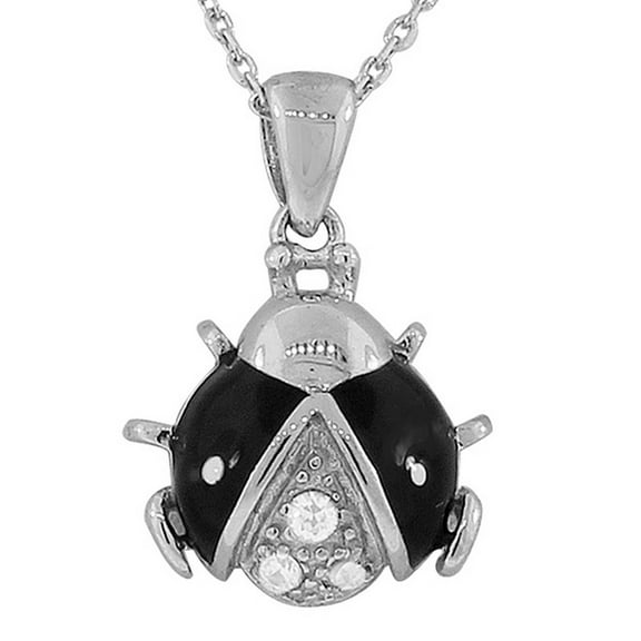 925 Sterling Silver Black Enamel Ladybug CZ Womens Pendant Necklace