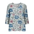 thumbnail image 4 of Blue Pink Peony Floral Print Blouse V Neck Full Button Three Quarter Sleeve Loose Casual Top for Women Spring Summer Daily Wear S-XXL, 4 of 5