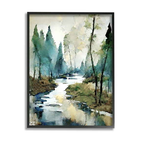 Stupell Industries Watercolor Creek Landscape Landscape Painting Black Framed Art Print Wall Art, 11 x 14