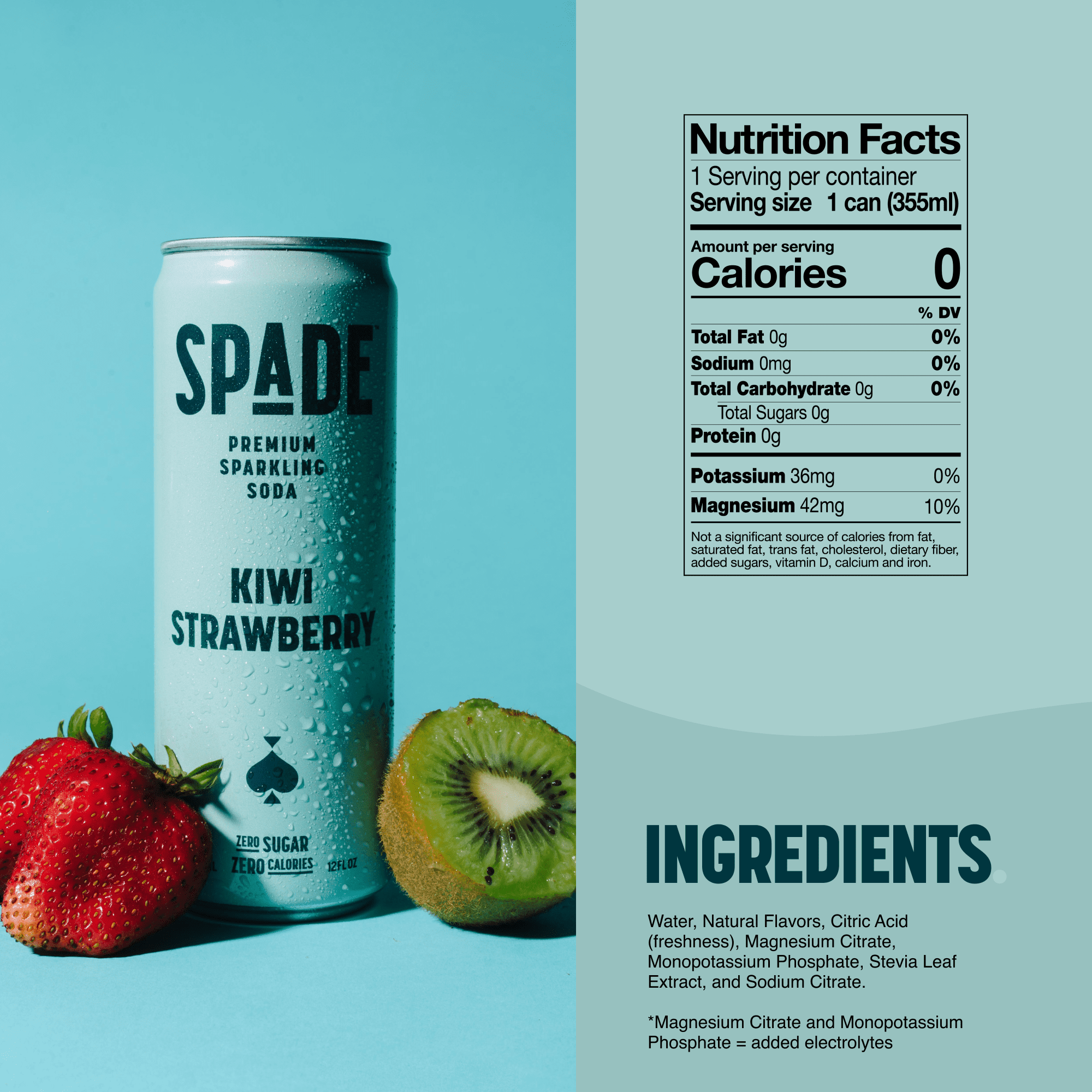 Spade Premium Natural Soda – Zero Sugar Kiwi Strawberry (12 Pack, 12 oz Cans)