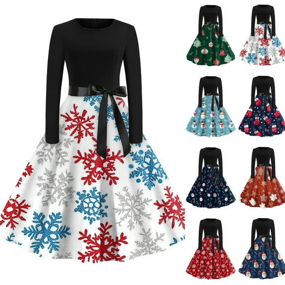 Christmas Dresses for Women Women's Fashion Temperament Autun And Winter Button Lapel Pocket Long Sleeve Retro Print Dress with Snowflake Christmas Print for Holiday Party,Blue,L