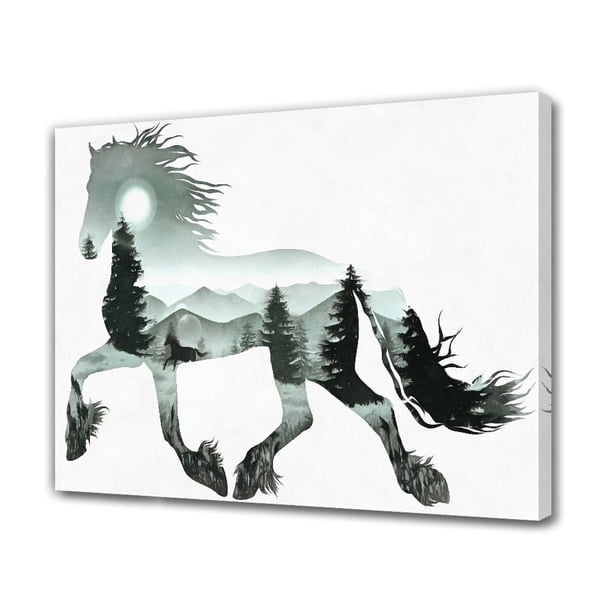 Silueta de caballo corriendo dentro de un paisaje de montaña, póster, pintura decorativa, lienzo, arte de pared, carteles para sala de estar, pintura para dormitorio, estilo marco, 40 x 60 cm