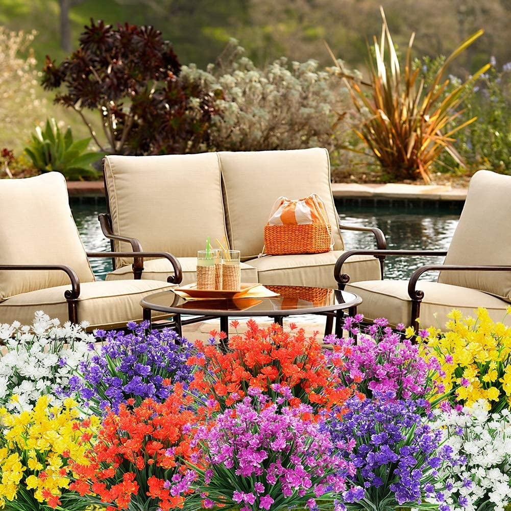 Artificial Flowers, Fake Outdoor UV Resistant Greenery Faux Plants Shrubs for Indoor Outside Hanging Planter Home Office Wedding Farmhouse Decor (Fuchsia)