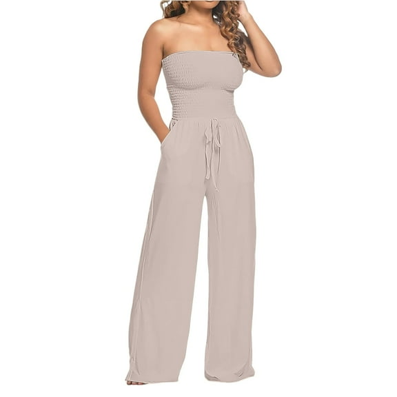 Yigetop Strapless Romper, Womens Rompers for Summer off Shoulder Wide Leg Jumpsuits Women Summer Casual Loose Sleeveless Beach Outfits Jumpsuits for Women Casual Beige L