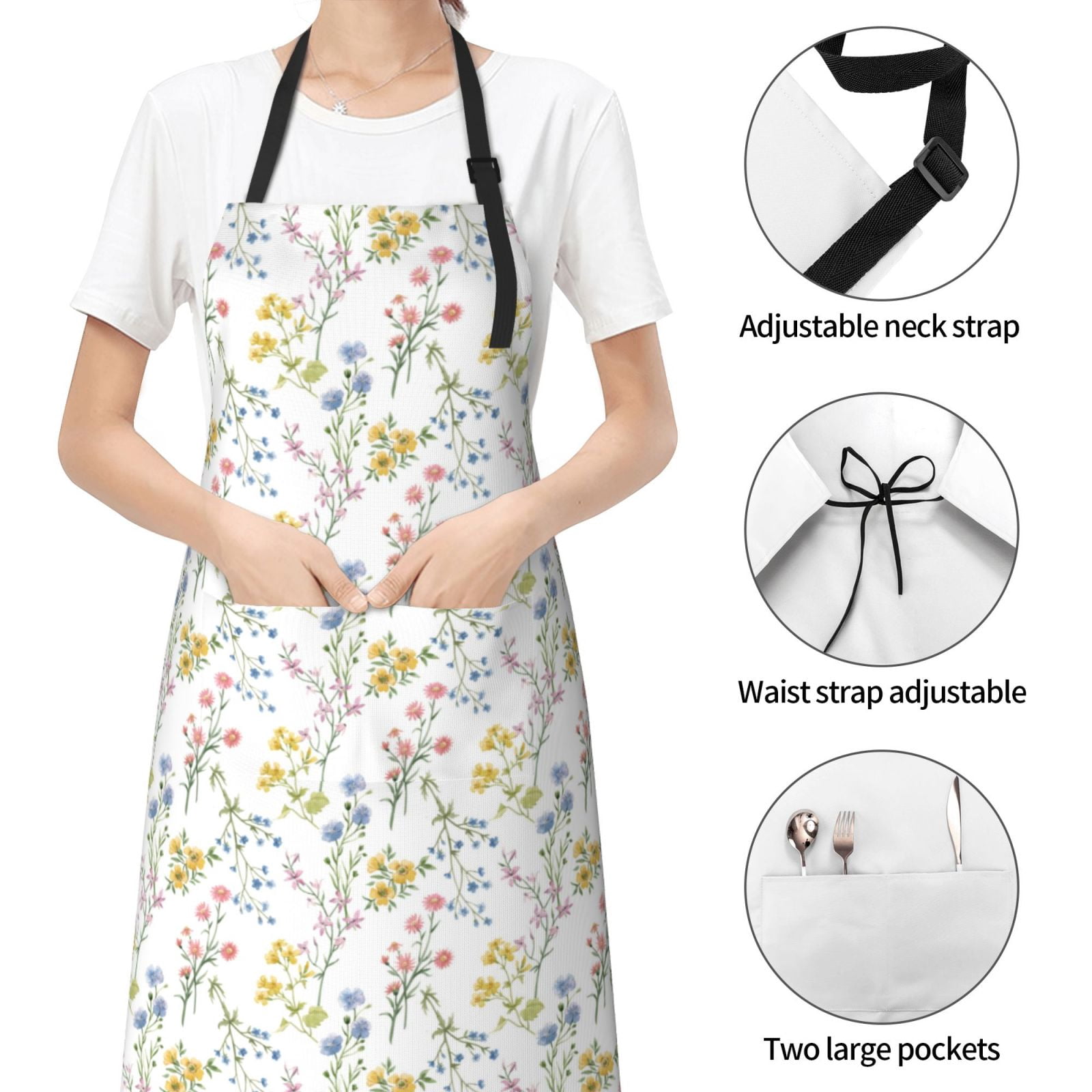 Kdxio Floral Apron with Pockets Adjustable Kitchen Aprons for Men Women Waterproof Aprons for Cooking,Drawing,Crafting, Baking Household Cleaning