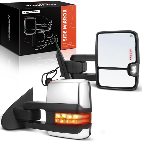 A-Premium Towing Mirrors - Compatible with Chevy Silverado & GMC Sierra 1500 2500 HD 3500 HD 2014-2018 - Manual Folding Heated Telescoping Chrome - with Power Glass Turn Signal Backup Lamp - Pair Set