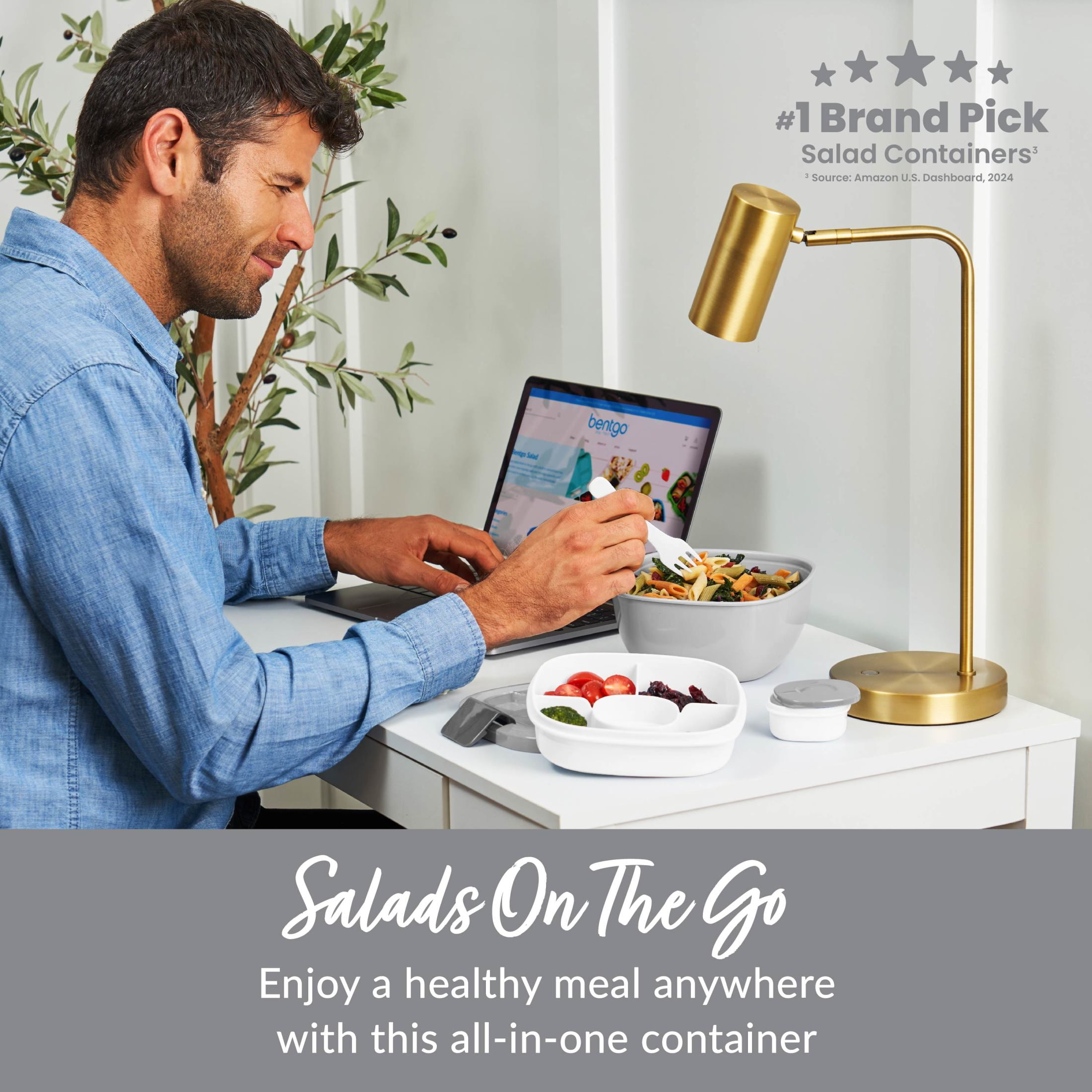 Bentgo Salad Container - 6.75 cup Bowl with 4-Compartment Toppings Tray, Leak-Proof Dressing Container, Reusable Fork, BPA-Free Lunch Box for Meal Prep & Food Storage; Removable Bento Tray (Gray)