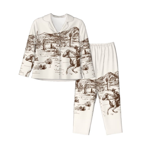 Balery Western Desert Cowboys3 Conjunto de Pijama con Estampado para Mujer, Conjunto de Dos Piezas con Manga Larga, Ropa de Dormir Suave con Bolsillos, Pijamas Cómodos-XX-Large