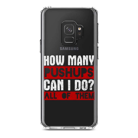 DistinctInk Clear Shockproof Hybrid Case for Samsung Galaxy S9 (5.8" Screen) - TPU Bumper Acrylic Back Tempered Glass Screen Protector - How Many Pushups? All of Them