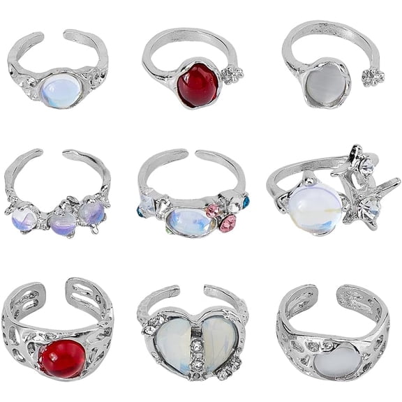 9Pcs Rings Irregular Adjustable Open Ring Stackable Rings Opening Metal Cuff Rings Promise Ring Valentine's day Wedding Gifts for Woman Brides Gray