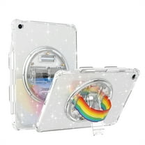 ELEHOLD Hybrid Case for iPad 9th 8th 7th Generation 10.2 Inch, Glitter Clear Slim Shockproof Cute Cover with 360 degree Rotating Handstrap Functional Kickstand Case for iPad 10.2",Glitter White
