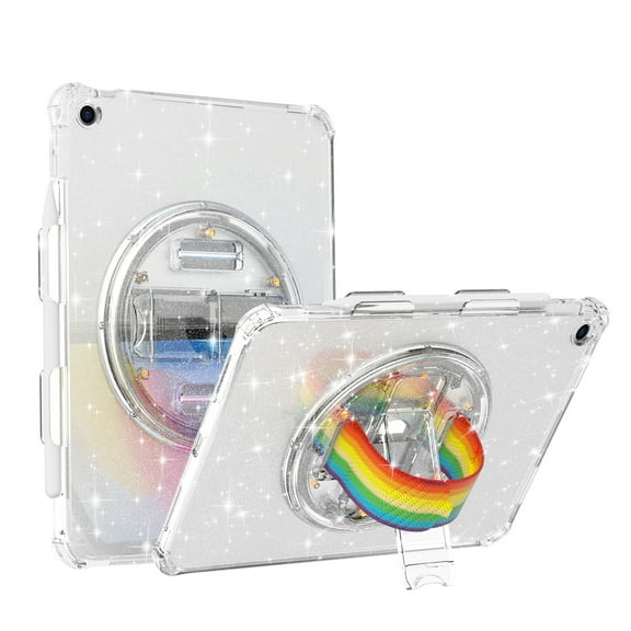 ELEHOLD Hybrid Case for iPad 9th 8th 7th Generation 10.2 Inch, Glitter Clear Slim Shockproof Cute Cover with 360 degree Rotating Handstrap Functional Kickstand Case for iPad 10.2",Glitter White