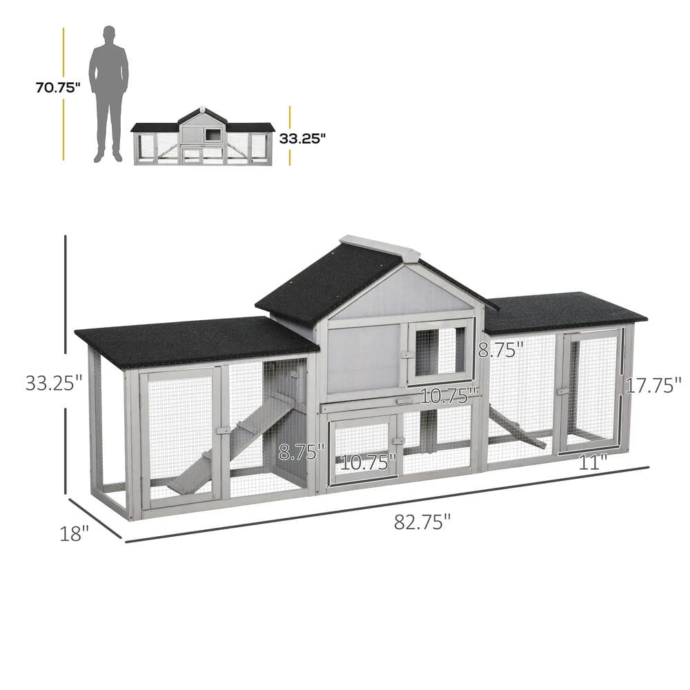YYAo Rabbit Coop, Outdoor Rabbit House,83" 2 Story Deluxe XL Wooden Rabbit Hutch Big Bunny Cage w/ Ladder and Run, Gray