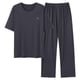 thumbnail image 1 of Mens Botón Abajo Camisa de Manga Corta Arrugas Libres Sólido Cuello Redondo Suéter con Pantalones Sueltos de la Cintura Conjunto, 1 of 6